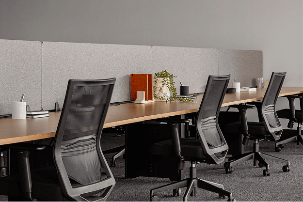 Modern open-plan workspace with a long shared timber desk, grey acoustic divider panels, and black ergonomic task chairs styled with minimal desk accessories.