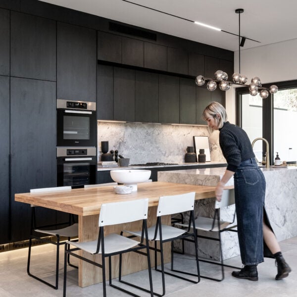 Black kitchen with island styled by Bowerbird Interiors 