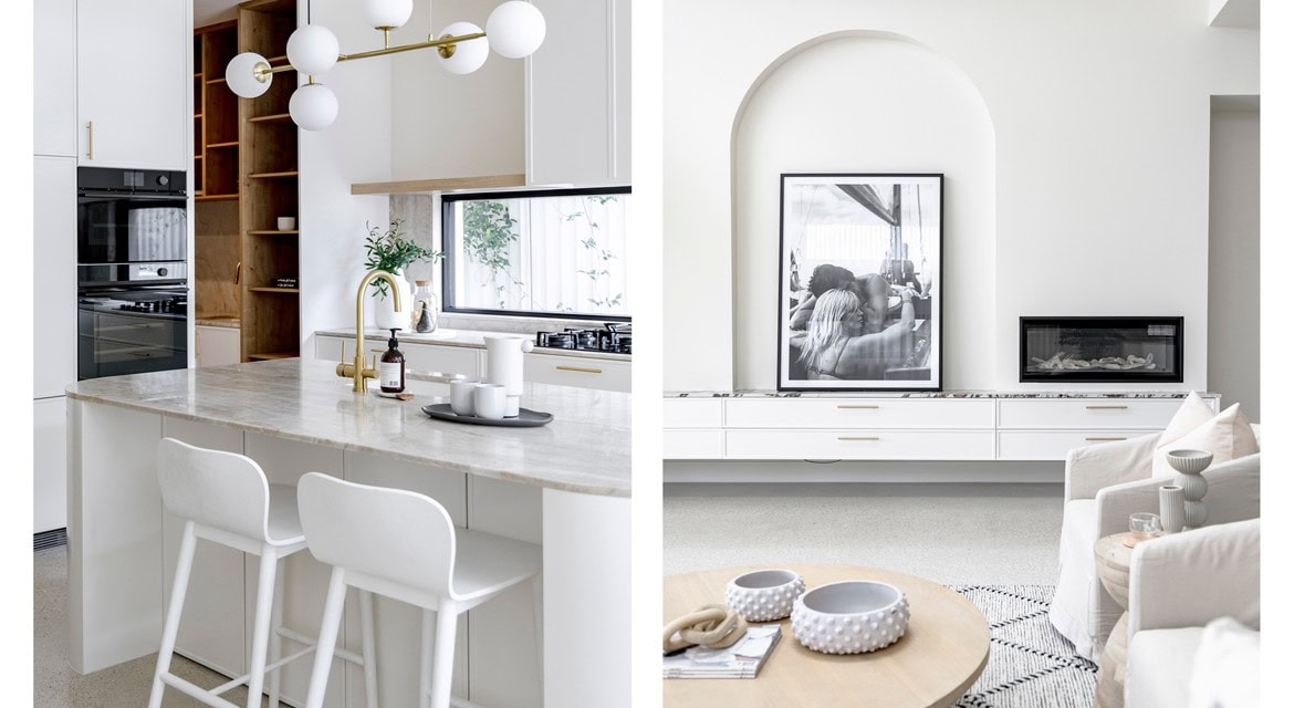 A split image featuring two modern interior design spaces. On the left, a contemporary kitchen with white cabinetry, a marble countertop, and gold accents. The kitchen island has white stools, and a window shows greenery outside. On the right, a minimalist living room with a large black-and-white framed photograph, a white fireplace, and a sleek, low-profile media console with drawers. The furniture includes soft, neutral-toned seating and decorative objects like vases and bowls on the coffee table.