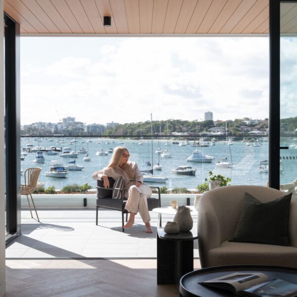 Water views balcony styled by Bowerbird Interiors