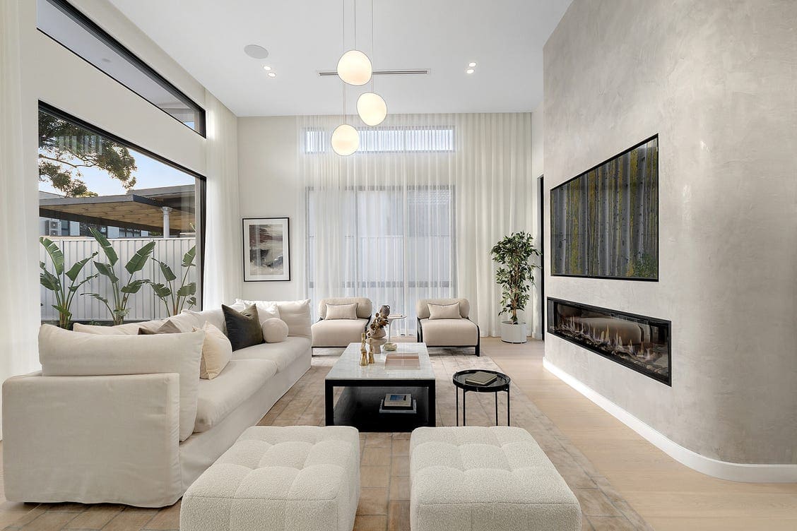 Open-plan living styled with oak textures and layered neutrals